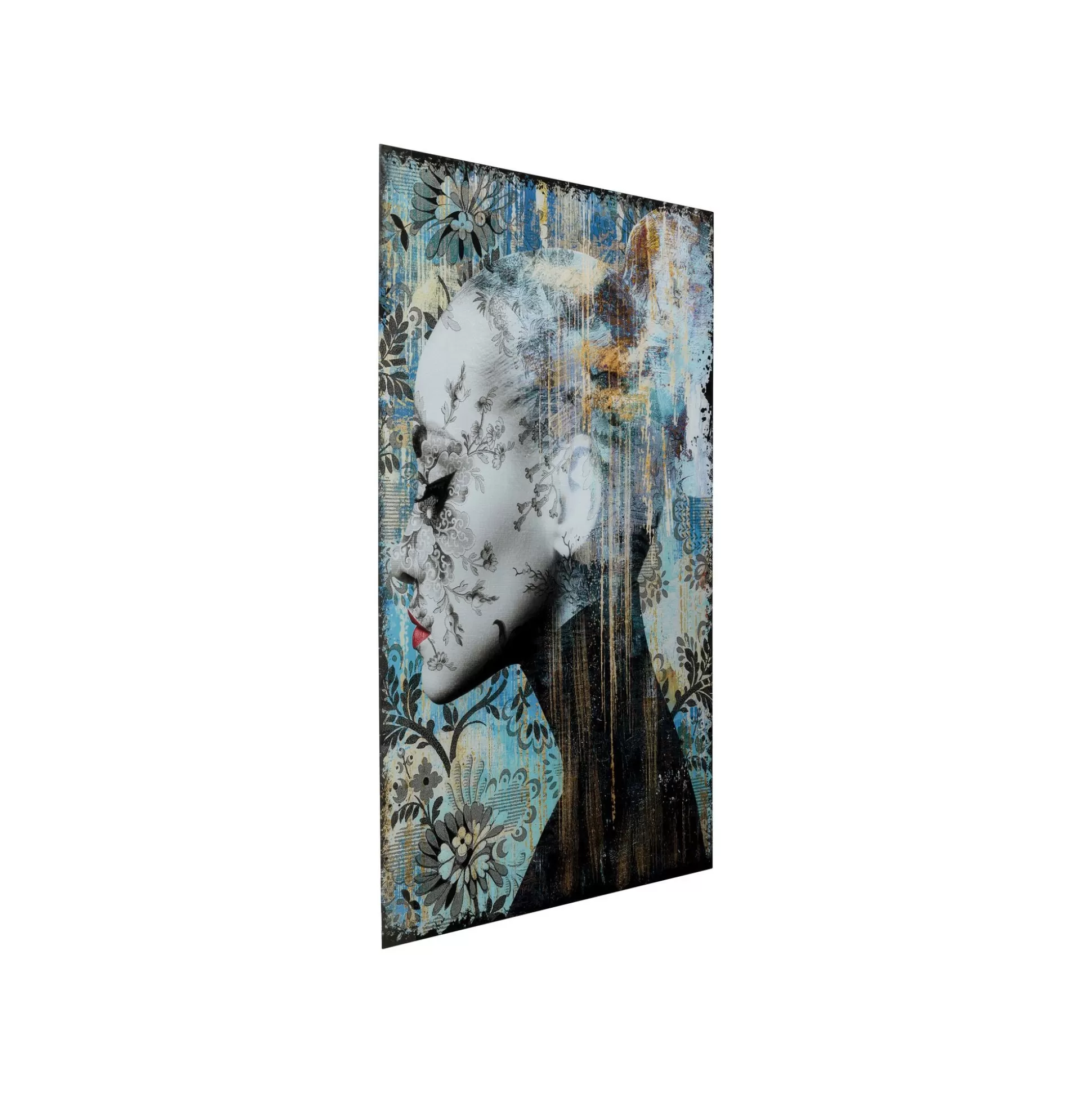 Tableau En Verre Bleu Femme Profil Fleurs 100x150cm ^KARE Design Discount