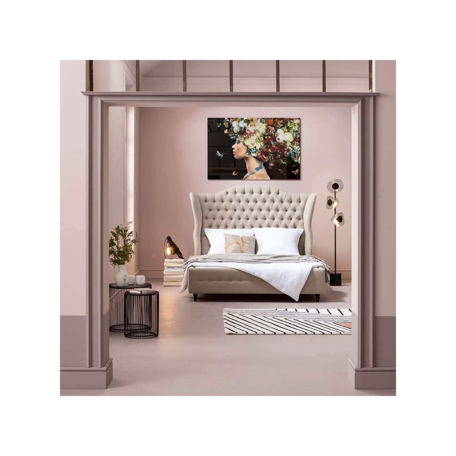Tableau En Verre Femme Fleurs Papillons Gauche 150x100cm ^KARE Design Fashion